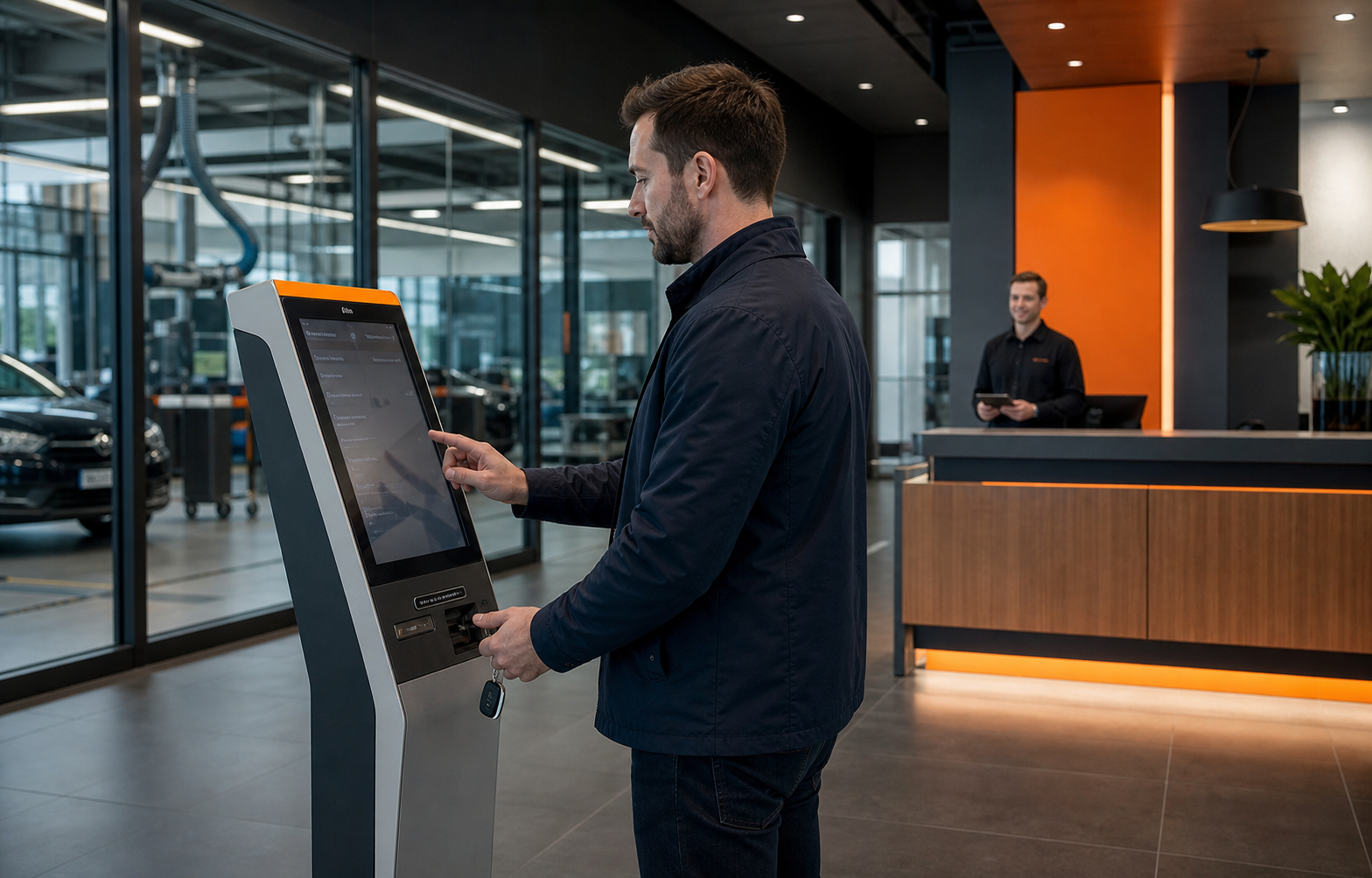 Klient z kluczykami rejestruje wizytę przy kiosku w serwisie samochodowym